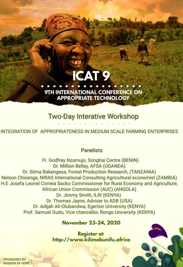 ICAT 9 poster: Two-day interactive workshop, Integration of appropriateness in medium scale farming enterprises, with the list of panelists, November 23–24, 2020