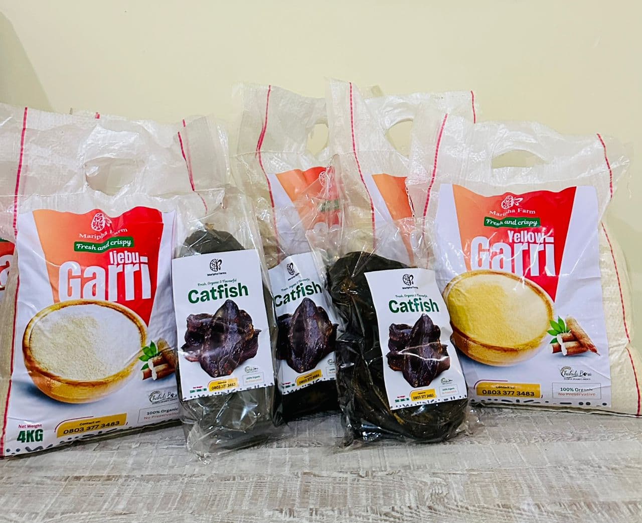 Maripha Farm branded products โ Ijebu garri, yellow garri, and dried catfish